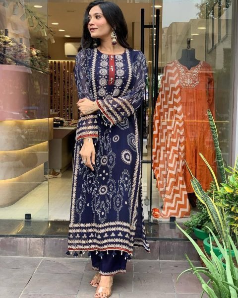 Elegant Blue Embroidery Kurta Set for Girls    Women Stylish Neck Work Cotton Fabric Latest 3 Piece Collection  Straight Cut Long Kurtis
