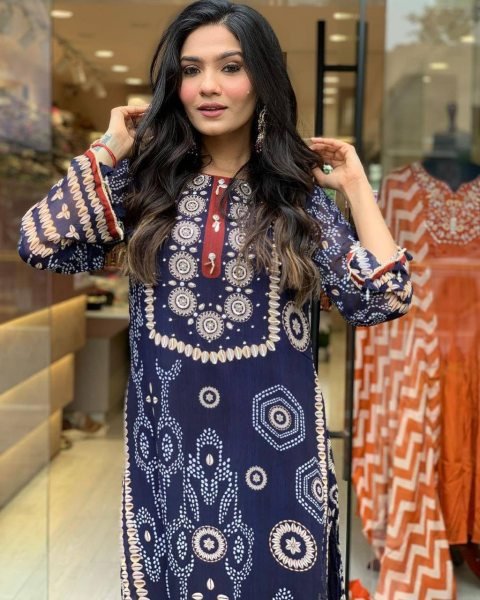 Elegant Blue Embroidery Kurta Set for Girls    Women Stylish Neck Work Cotton Fabric Latest 3 Piece Collection  Straight Cut Long Kurtis