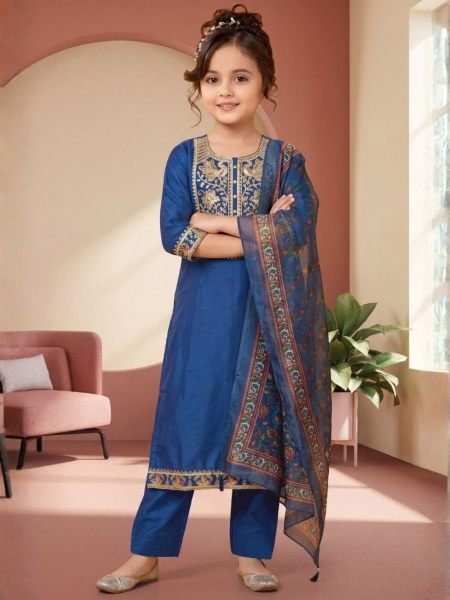 Elegant Blue Girls Rayon Slub Embroidered Suit Set with Jacquard Dupatta Kurtis