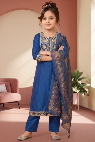 Elegant Blue Girls Rayon Slub Embroidered Suit Set with Jacquard Dupatta Girls Wear