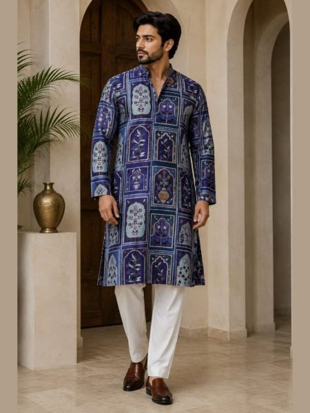 Elegant Blue Heavy Chinon Kurta with Golden Thread and Sequin Work 