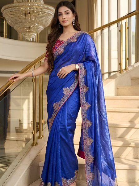 Elegant Blue Instagram Designer Saree with Fendy Satin Embroidery Work For Wedding 