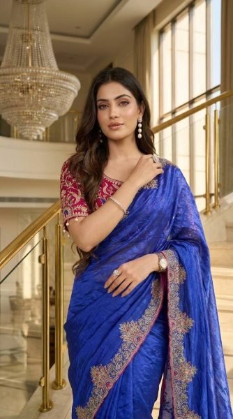 Elegant Blue Instagram Designer Saree with Fendy Satin Embroidery Work For Wedding Embroidery Sarees Wholesale