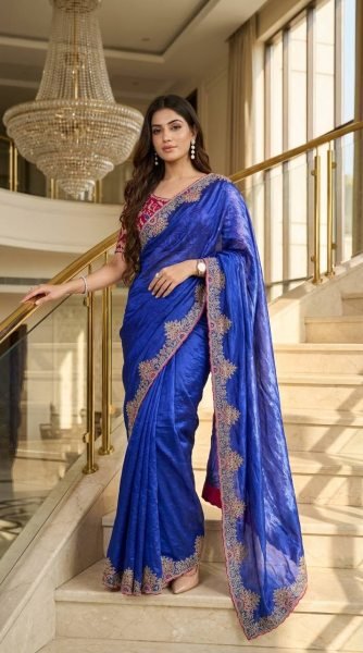 Elegant Blue Instagram Designer Saree with Fendy Satin Embroidery Work For Wedding Embroidery Sarees Wholesale