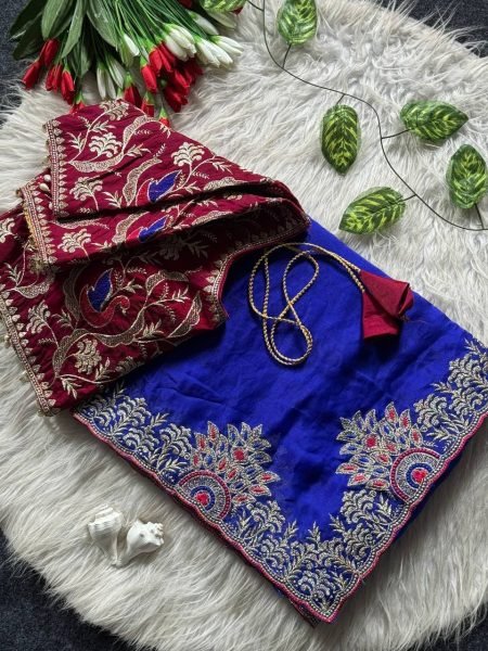 Elegant Blue Instagram Designer Saree with Fendy Satin Embroidery Work For Wedding Embroidery Sarees Wholesale