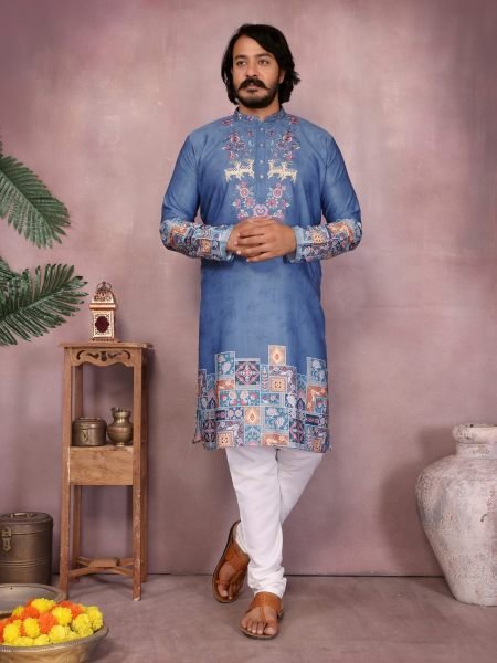 Elegant Blue Khadi Cotton Embroidered Kurta with Semi Cotton Pyjama For Wedding 