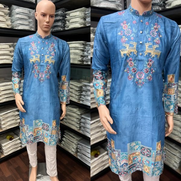 Elegant Blue Khadi Cotton Embroidered Kurta with Semi Cotton Pyjama For Wedding Kurta Pajama Wholesale