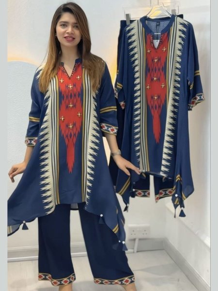 Elegant Blue Printed Cord Set with Beautiful Neck Design for Casual and Festive Wear 