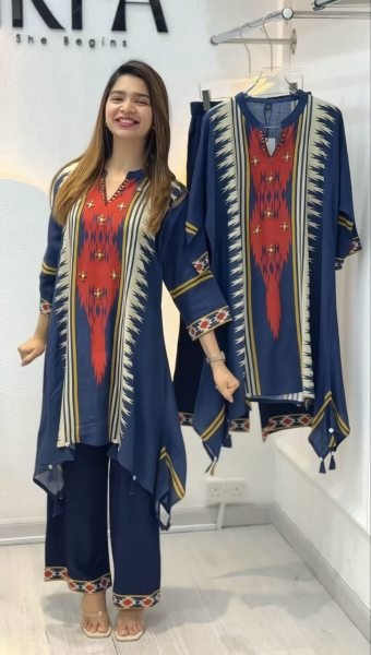 Elegant Blue Printed Cord Set with Beautiful Neck Design for Casual and Festive Wear CO ORD Sets