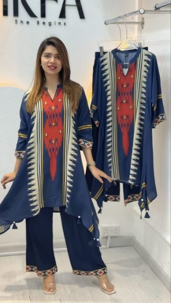 Elegant Blue Printed Cord Set with Beautiful Neck Design for Casual and Festive Wear CO ORD Sets