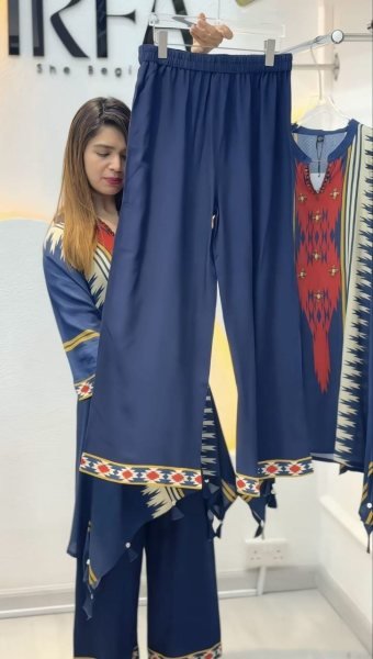 Elegant Blue Printed Cord Set with Beautiful Neck Design for Casual and Festive Wear CO ORD Sets