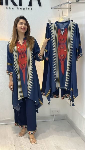 Elegant Blue Printed Cord Set with Beautiful Neck Design for Casual and Festive Wear CO ORD Sets