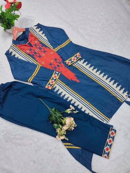 Elegant Blue Printed Cord Set with Beautiful Neck Design for Casual and Festive Wear CO ORD Sets