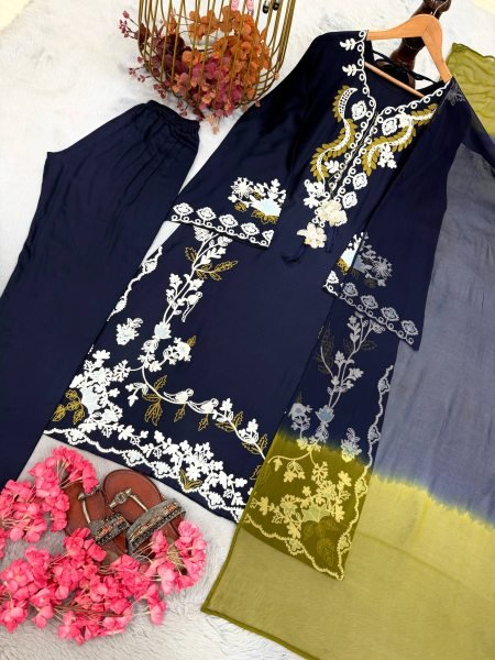 Elegant Blue Satin Rayon Embroidered Kaftan Pant Set with Dupatta For Party Wear Ready To Wear Collection