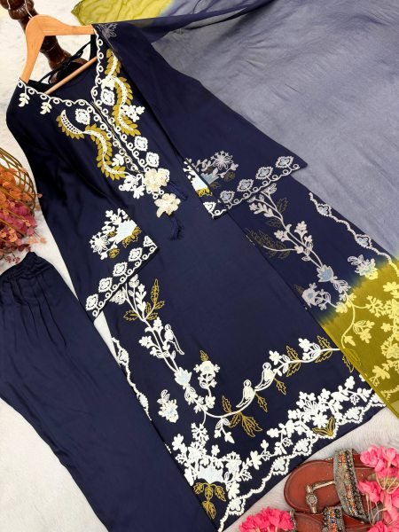 Elegant Blue Satin Rayon Embroidered Kaftan Pant Set with Dupatta For Party Wear Ready To Wear Collection