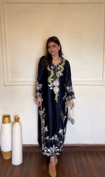Elegant Blue Satin Rayon Embroidered Kaftan Pant Set with Dupatta For Party Wear Ready To Wear Collection
