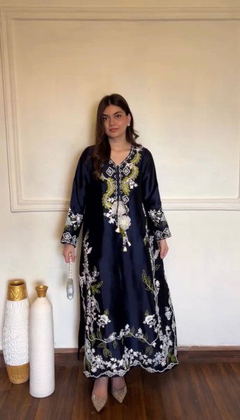 Elegant Blue Satin Rayon Embroidered Kaftan Pant Set with Dupatta For Party Wear Ready To Wear Collection