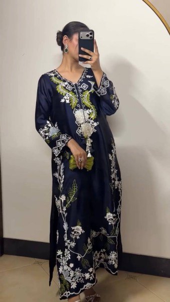 Elegant Blue Satin Rayon Embroidered Kaftan Pant Set with Dupatta For Party Wear Ready To Wear Collection