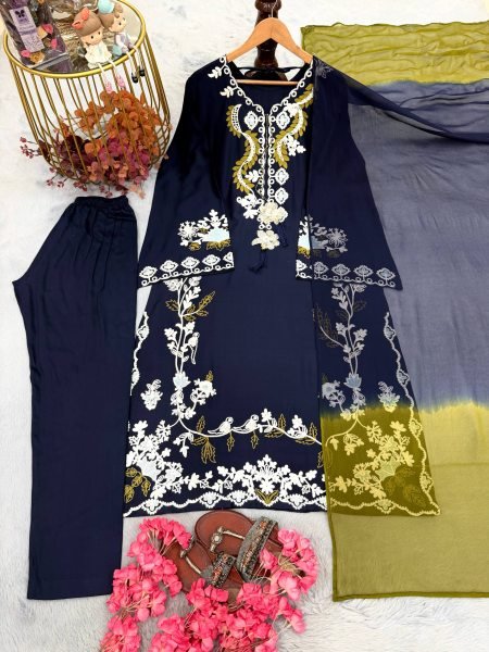 Elegant Blue Satin Rayon Embroidered Kaftan Pant Set with Dupatta For Party Wear Ready To Wear Collection