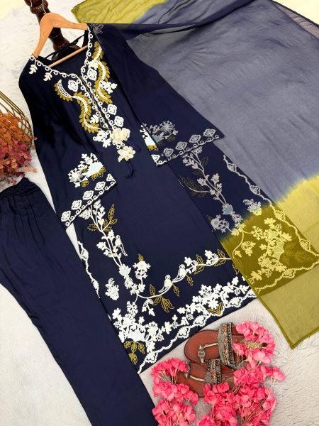 Elegant Blue Satin Rayon Embroidered Kaftan Pant Set with Dupatta For Party Wear Ready To Wear Collection