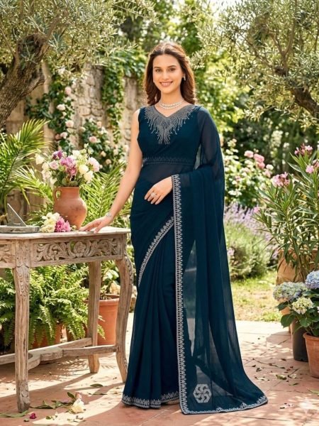 Elegant Blue Simmar Silk Saree with Diamond Work for Party Wear Sarees 