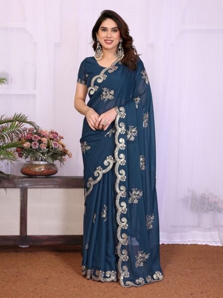 Elegant Blue Star Georgette Silk Sequin Work Saree for Festival Sarees 
