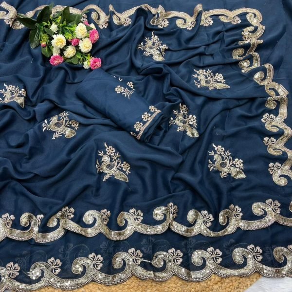 Elegant Blue Star Georgette Silk Sequin Work Saree for Festival Silk Sarees Wholesale
