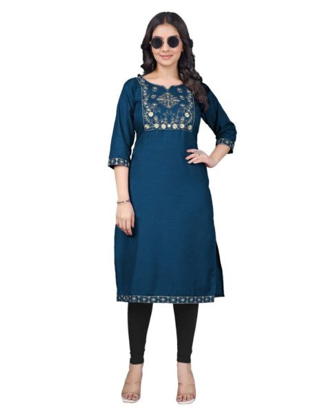 Elegant Blue Tesla Cotton Embroidered Kurti for Daily Wear