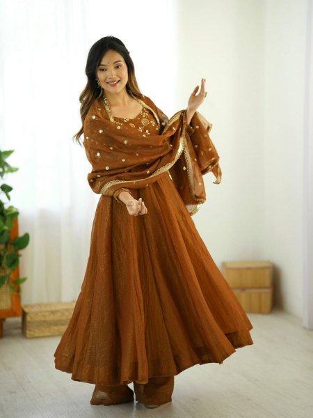 Elegant Brown Crunchy Silk Fully Flared Gown with 4 Meter Flair   Lace Border Dupatta for Festive Wear  