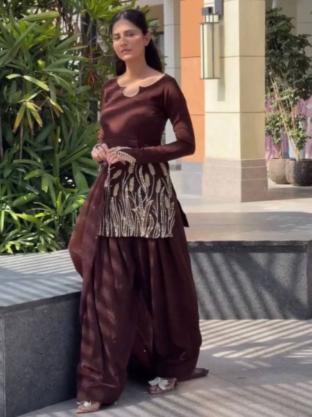Elegant Brown Faux Georgette Farsi Pant Set with Embroidery Ready to Wear Party Look Ready To Wear Collection