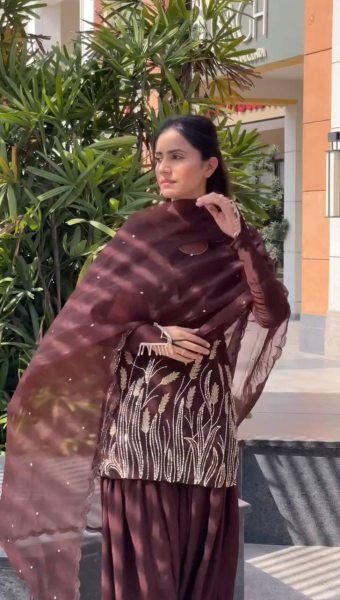 Elegant Brown Faux Georgette Farsi Pant Set with Embroidery Ready to Wear Party Look Ready To Wear Collection