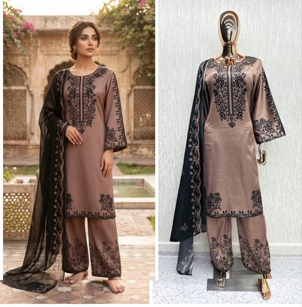 Elegant Brown Satin Straight Kurti Palazzo Set with Printed Chinnon Silk Dupatta Pakistani Suits Wholesale