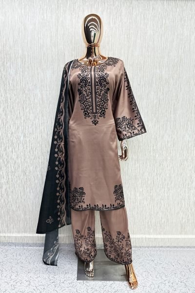 Elegant Brown Satin Straight Kurti Palazzo Set with Printed Chinnon Silk Dupatta Pakistani Suits Wholesale