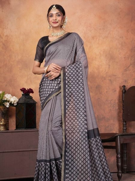 Elegant Charm Digital Printed Chanderi Saree with Contrast Pallu & Gold Border Sarees 