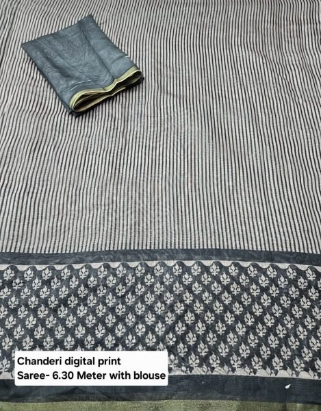 Elegant Charm Digital Printed Chanderi Saree with Contrast Pallu & Gold Border Printed Cotton Sarees Wholesale