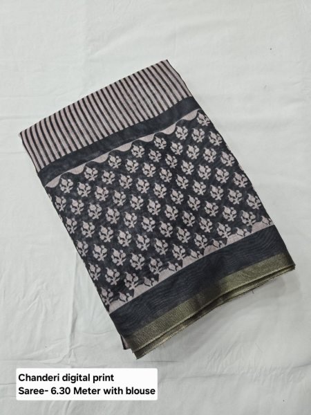 Elegant Charm Digital Printed Chanderi Saree with Contrast Pallu & Gold Border Printed Cotton Sarees Wholesale