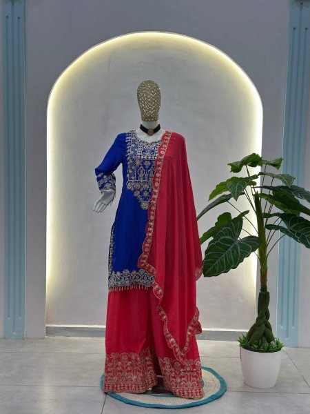 Elegant Chinon Silk Top Palazzo Dress Suit with Dupatta  Festive Boutique Collection Wholesale Rate Ready To Wear Collection