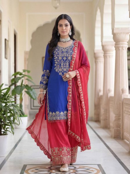 Elegant Chinon Silk Top Palazzo Dress Suit with Dupatta  Festive Boutique Collection Wholesale Rate Ready To Wear Collection