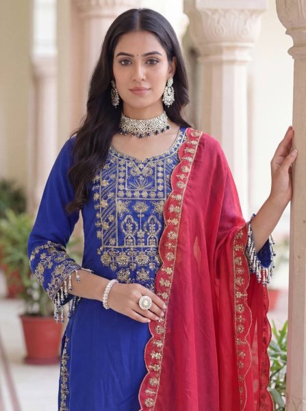Elegant Chinon Silk Top Palazzo Dress Suit with Dupatta  Festive Boutique Collection Wholesale Rate Ready To Wear Collection