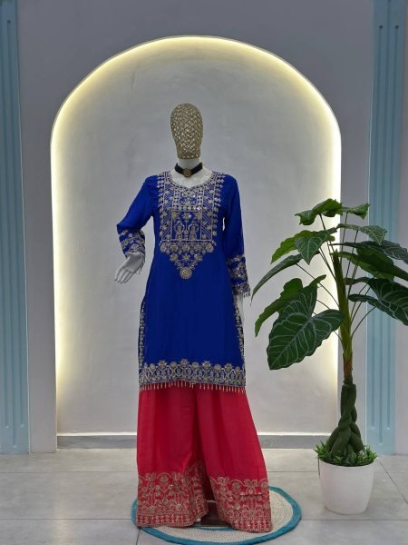 Elegant Chinon Silk Top Palazzo Dress Suit with Dupatta  Festive Boutique Collection Wholesale Rate Ready To Wear Collection