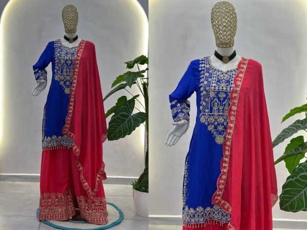 Elegant Chinon Silk Top Palazzo Dress Suit with Dupatta  Festive Boutique Collection Wholesale Rate Ready To Wear Collection