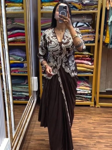 Elegant Coffee Color Indo Western Drape Saree with Stitched Blouse and Jacket Sarees 
