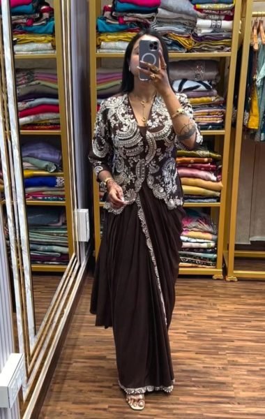 Elegant Coffee Color Indo Western Drape Saree with Stitched Blouse and Jacket Ready To Wear Saree 