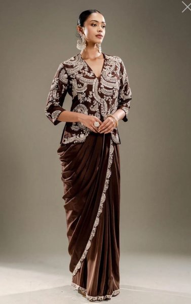 Elegant Coffee Color Indo Western Drape Saree with Stitched Blouse and Jacket Ready To Wear Saree 