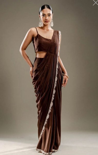 Elegant Coffee Color Indo Western Drape Saree with Stitched Blouse and Jacket Ready To Wear Saree 
