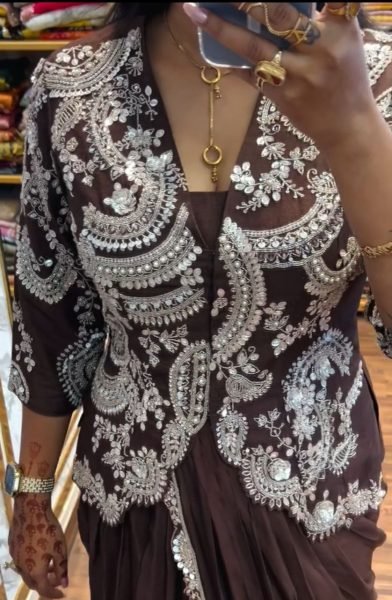 Elegant Coffee Color Indo Western Drape Saree with Stitched Blouse and Jacket Ready To Wear Saree 