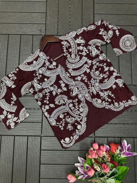 Elegant Coffee Color Indo Western Drape Saree with Stitched Blouse and Jacket Ready To Wear Saree 