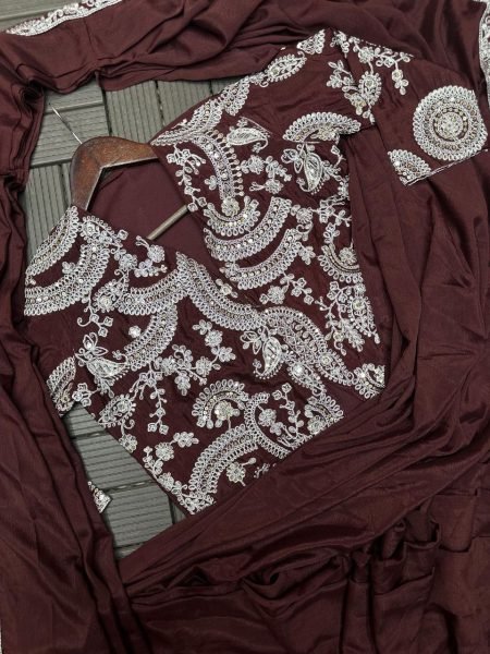 Elegant Coffee Color Indo Western Drape Saree with Stitched Blouse and Jacket Ready To Wear Saree 