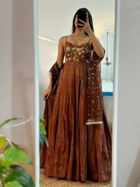 Elegant Cosmos Rayon Gown Palazzo Dupatta Set  Wholesale Party And Wedding Wear Anarkali Kurtis 