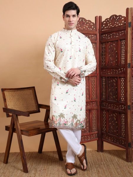 Elegant Cotton Kurta for Men with Crochet Work & Festive Digital Prints  Mens Wear